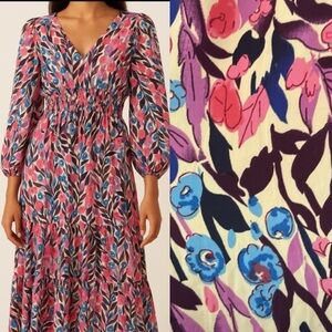 RAGA Colorful Leaf Tiered Maxi Dress Large Balloon Sleeve Elastic Waist